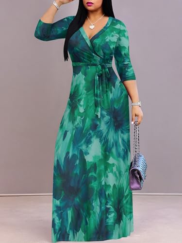 Image of Women's V Neck Floral Maxi Dress 3 /4 Sleeve Plus Size Boho Wrap Flowy Long Dresses with Belt