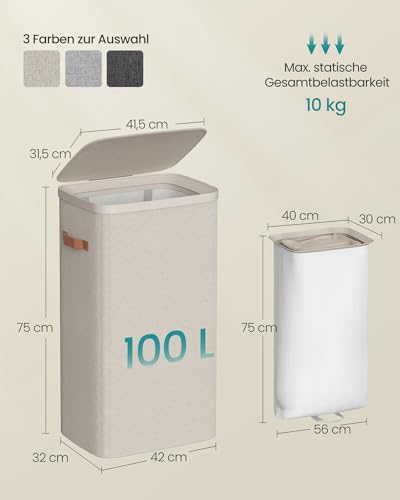 SONGMICS Wäschekorb, 100 L Wäschesammler, Wäschetonne, leichter Aufbau, mit Deckel und Griffen, herausnehmbarer Wäschesack, 42 x 32 x 75 cm, cappuccinobeige LCB811LH01