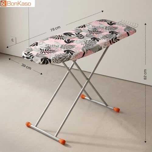 Image of BonKaso Premium Foldable Ironing Board with Adjustable Height & Heat Resistant Iron Rest | Ergonomic Ironing Table with Anti-Skid Legs, Fabric Cover & Foam Padding for Home - Pink