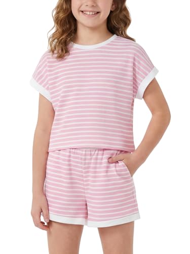 Image of Girls Summer Outfits Striped T-Shirt & Shorts Set for 5-14Y | Kids 2 Piece Clothing, Breathable Textured Tops and Bottoms with Pockets, Great for Casual Wear, School, Sports or Vacation