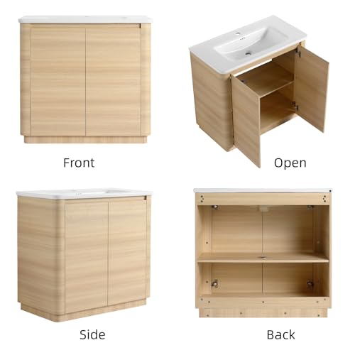 Image of 36 inch Bathroom Vanity with Ceramic Sink, Freestanding Bathroom Vanity with 2-Soft-Close Door, Soft-Closing Hinges & Hidden Handles for Home, Farmhouse, Easy to Clean Design, White Oak