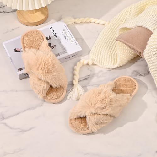 Cross Band Plush Soft Fur Slippers Warm Winter House Shoes for Women, Open Toe Comfy Indoor Slides Slippers4