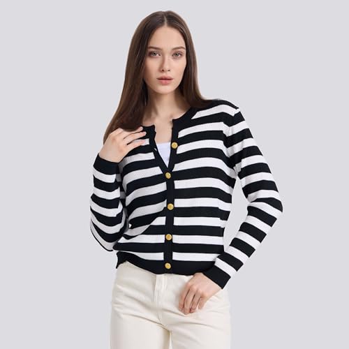 Women's Striped Cardigan Sweaters Lady Jackets Open Front Button Down Cropped Knit Coat Oufits Trendy Outerwear3