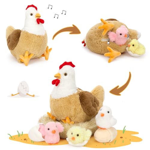 Image of Chicken Stuffed Animal with Chicks, 14 inch Hen Plush Toy, White