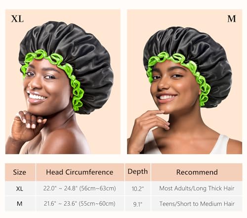 mikimini Large Black Shower Cap for Women and Men Reusable Waterproof XL Shower Hats for Thick Long Hair Black Bath Caps with Green Edge 2 Packs - Image 2