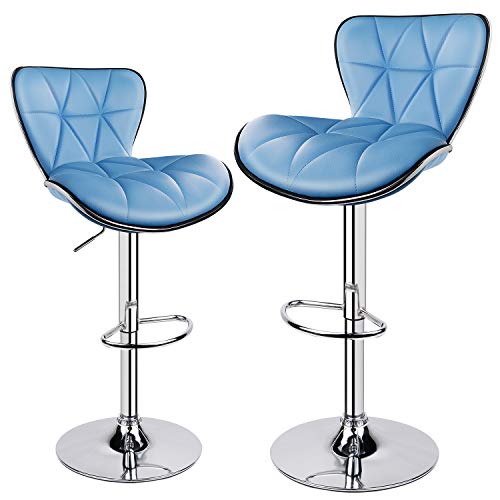 Leopard Shell Back Adjustable Swivel Bar Stools, Pu Leather Padded With Back, Set Of 2 (Sky Blue) #TOP3