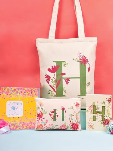 Image of DOODLE Monogram H Diary Gift Set with Tote Bag and Pouch | B6 Soft Bound Ruled Notebook | Stationery Gift Set for Women