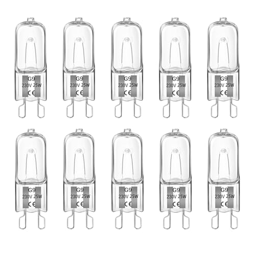 Liuyife 10 Piezas G9 25W Bombilla Halógenas Para Horno, Blanca Cálida 230V 2700K 260LM, Resistente al Calor 300°C, Cápsula Transparente Lámparas G9 para Horno, Microondas, Lámparas De Mesa