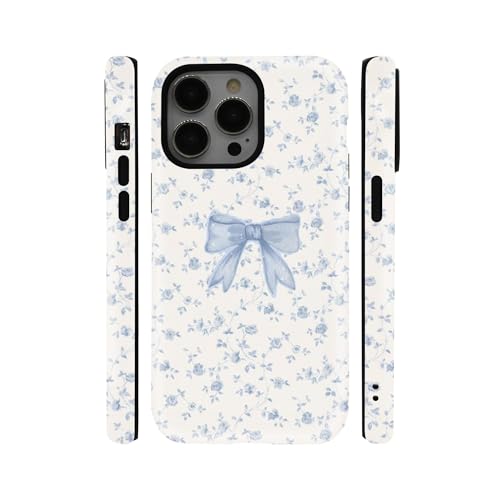 qizjio Coquette Blue Bow Floral Pattern Phone Case, Shockproof Protective Cover for iPhone 14 Pro Max