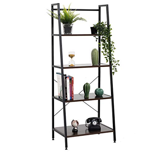 BESTIER Vintage Ladder Shelf 4 Tier Bookshelf Metal and Wood Bookcase Bookshelf Organizers and Storage Rack Display Shelf P2 Wood (Brown)