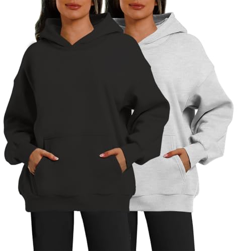 XFIFM 2 Pack Womens Oversized Hoodies Sweatshirts Fleece Hooded Pullover Tops Sweaters Casual Comfy Fall Fashion Heather Grey/Black