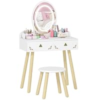 AIYAPLAY Kids Vanity Table and Chair Set, 2 in 1 Children Dressing Table with 3-Colour LED Lights Mirror, Drawer, Storage Boxes, Girls Makeup Desk Set for 3+ Years, for Playroom, Bedroom, White