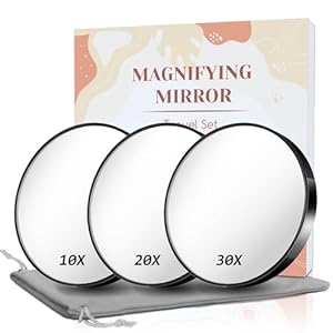 FAHZON Magnifying Mirror, 10X & 20X & 30X Kits, Magnified Mirror 3.5″ with Two Suction Cups, Travel Magnifying Mirror Set for Makeup, Mirror Magnifying Comes with Portable Storage Bag (Black)