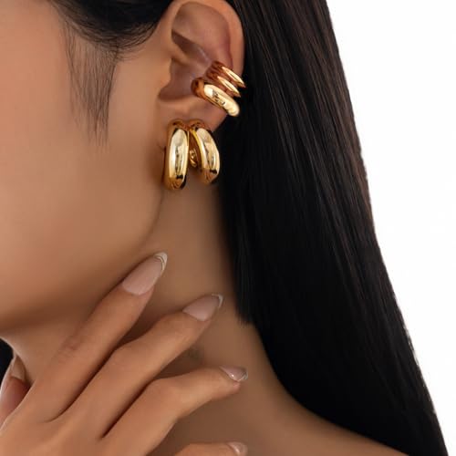 Gold Huggie Hoop Earrings for Women Chunky Hoop Earrings Sets Dainty Thick Huggie Hoop Trendy Hoop Earring Hypoallergenic Chunky Hoops Earring Ear Cuffs Earrings Jewelry3