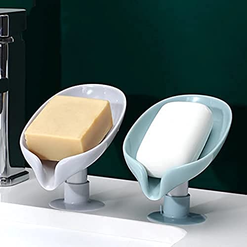 Image of Soap Dish Holder Self Draining Soap Holder Leaf Shape Bar Soap Holder Soap Saver with Suction Cup for Shower Bathroom Tub Kitchen Sink Plastic Tray Holder (2 Pack)