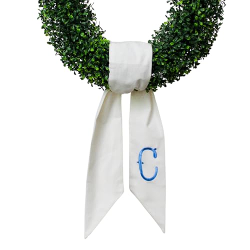 Monogram Wreath Sash for Front Door, White Embroidered Linen Wrea...