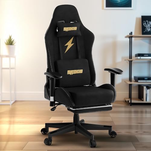 Image of DROGO Proform Ergonomic Gaming Chair, Computer Chair with Luxurious Suede Fabric, Adjustable Seat, Armrest, Head & Massager Lumbar Pillow | Home & Office Chair with Footrest & Recline (Black)