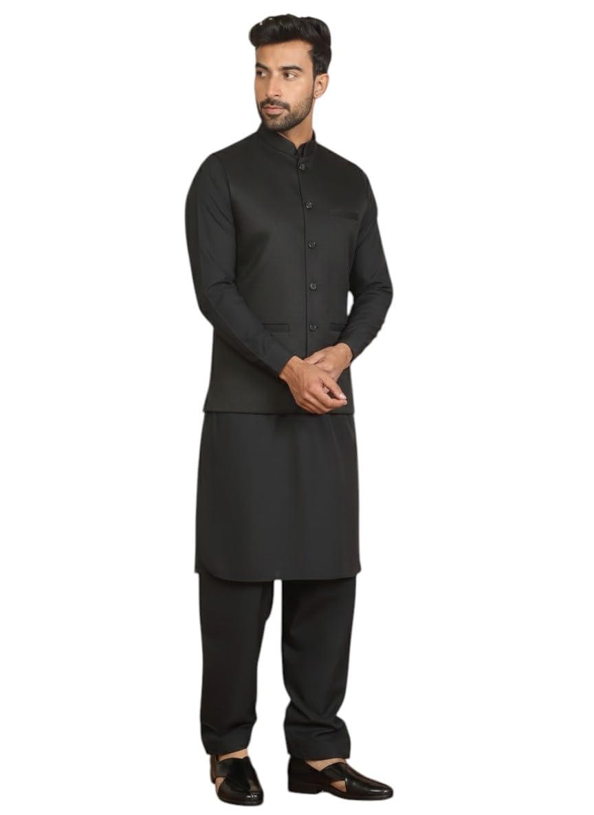 kraft india Men Mandarin Collar Pathani Kurta Salwar Set with Solid Twill Nehru Jacket-picture-24