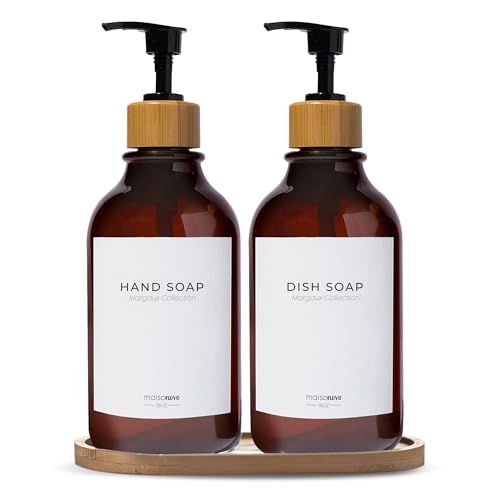 MaisoNovo Bathroom Soap and Lotion Dispenser Set of 3, 500ml Amber Soap Dispenser Bamboo Pumps With Labels and Bamboo Tray