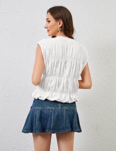 OLAPTA Women Shirred Tiered Tank Tops Crewneck Cap Sleeve Bubble Cute Babydoll Tee Shirts Summer Casual Pleated Blouse Top2