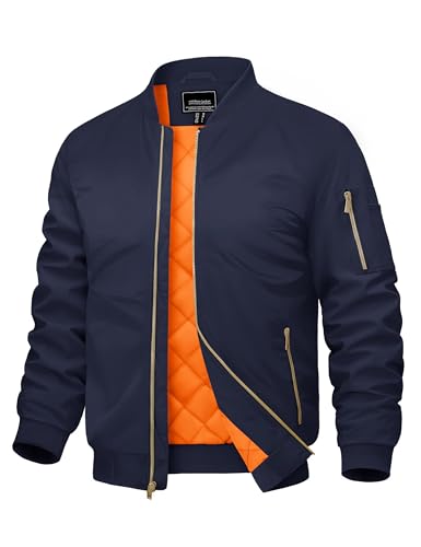 CRYSULLY Men's Jacket Padded Jackets for Men Full Zip Windbreakers Casual Warm Bomber Jacket Fall Winter Outwear Coats Navy Blue XL