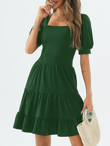 Image of Women's Square Neck A-Line Summer Dress Puff Sleeve Flared Swing High Waist Smocked Flowy Midi Casual Dress for Office /Party Green