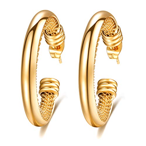Chunky Gold Hoop Earrings Set 14K Gold Plated Tube Thick Gold Open Hoop Earrings for Women (14K gold)