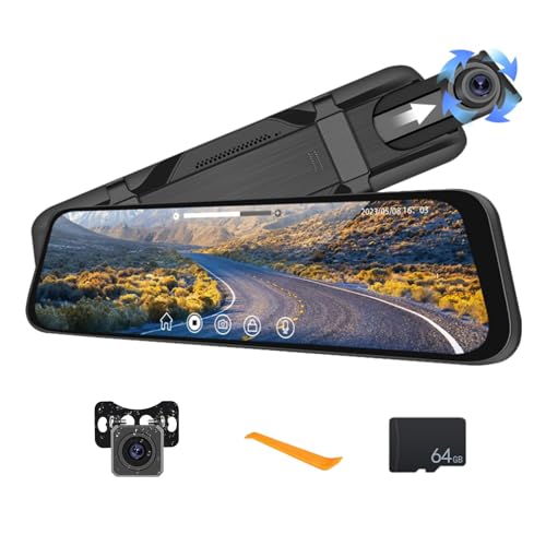 CAMECHO 9.66' Mirror Dash Cam Rear View Mirror Camera Front and Rear 1080P Backup Camera with 64GB...