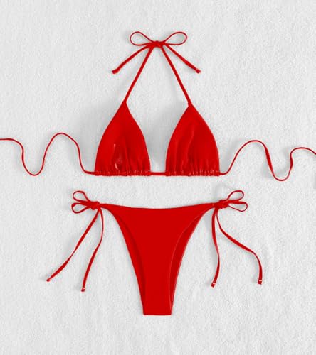 Image of Tainehs Women's Sexy Halter Thong Bikini Tie Two Sides Bottom Triangle Bikini Swimsuits