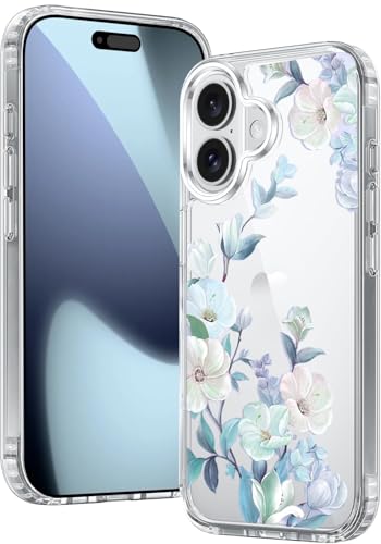 Image of Elzzi Clear Transparent Flower Cover for iPhone 17 Case Shockproof Floral Design Full Camera Protection Shockproof PC+TPU Transparent Cover for Girls & Women (Blue)
