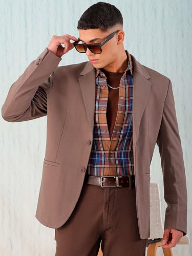 Image of The Indian Garage Co Men Comfort Straight Fit Solid Stretchable Single Breated Knitted Blazers