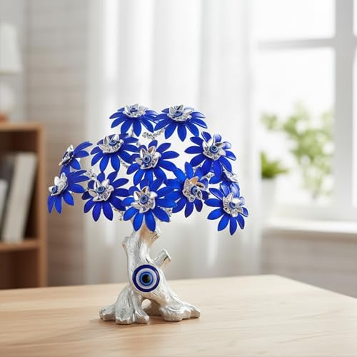 Image of eCraftIndia Tree of Life Bonsai Evil Eye Tree Showpiece (Silver & Blue) Feng Shui Items for Good Luck Positive Energy Vastu Shelf Living Room Home Decor Gift for Housewarming