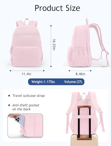Image of Uselike Travel Backpack for Women, 15.6 Inch Laptop Backpack, Quilted College Bookbag, Cute Work Backpacks, Water Resistant (Light Pink)