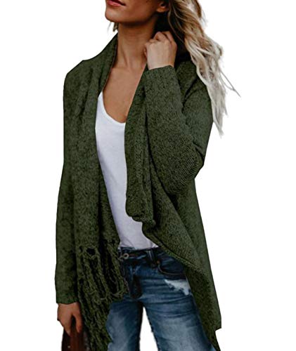 Image of Sexyshine Women's Casual Fall Knit Long Sleeve Tassels Irregular Loose Cardigan Pullover Striped Sweater Poncho