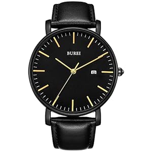 BUREI Men’s Watch Ultra Thin Quartz Analog Wrist Watch Date Calendar Stainless Steel Leather Band