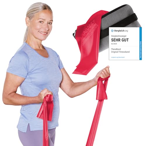 TheraBand 2 50m inkl. Türanker + Tasche rot | Widerstand 1 7kg | Terrabänder | Gymnastikband | Fitnessband | Stretchband | Heimtraining Krafttraining Rückenübungen Therapie Reha | 100% Naturlatex