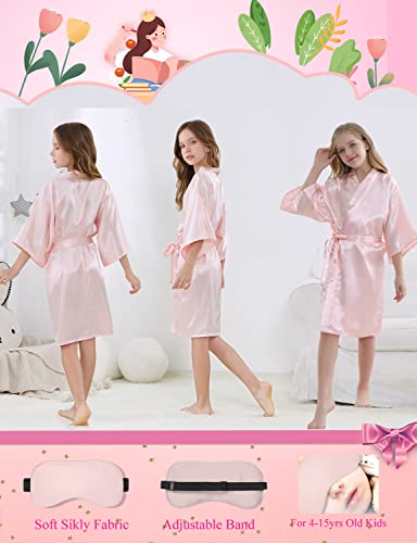 NOWDER Kids Satin Silky Robe Set for Spa Birthday Bridal Party Flower Girl Kimono Robe with Eye Mask Hair Hand Hair Ring4