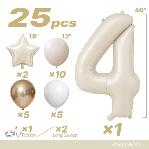 Image of PartyWoo Beige Number 4 Balloon 40 Inch 25pcs White Sand Foil Star Gold