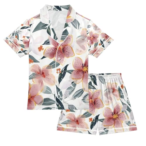 senya Botanical Flowers and Leaves Satin Summer Pajama Sets Silk Short Sleeve Button Down Sleepwear