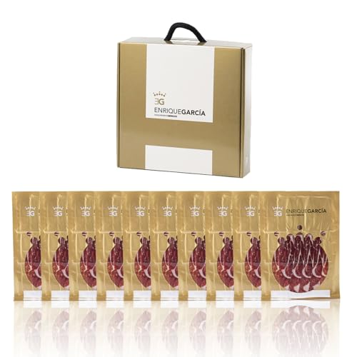 ENRIQUE GARCÍA - Jamón de Cebo Ibérico 75% Raza Ibérica, 10 Sobres Envasados al Vacío de 100 g Aprox. Acabado plástico. Caja regalo de cartón. Corte a máquina.