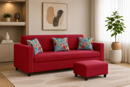 Image of Rosebell 3 Seater Sofa with Ottoman | Living Room Couch | with Printed Cushions | Sofa for Home, Apartment & Office-Red Color