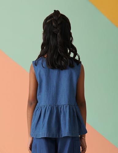 Image of Amazon Brand - Symbol Girl's Solid Denim Relaxed Fit Woven Crop Top