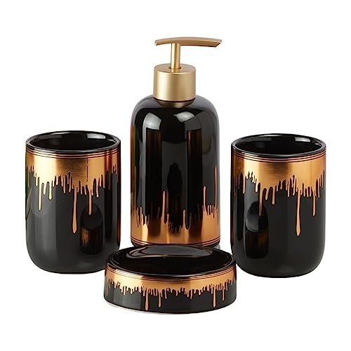 Image of SaSaSa Ceramic Bathroom Accessories Set of 4 Modern Bath Set with Soap Dispenser & Toothbrush Holder, Luxury Home & Gift Idea, Black /Gold (9739)