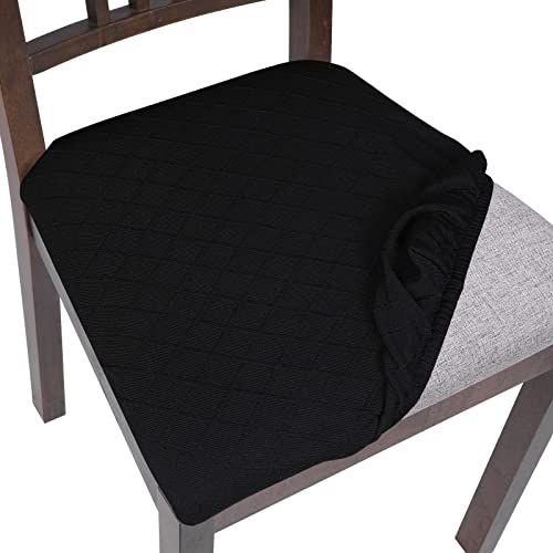 Image of SearchI Seat Covers for Dining Room Chairs Stretch Jacquard Chair Seat Covers Set of 6, Removable Washable Upholstered Chair Seat Protector Cushion Slipcovers for Kitchen, Office(Black Rhombus)
