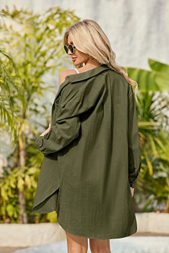 runcati womens button down shirts linen cotton long sleeve blouse tunic tops cover up shirt loose beach bikini dress
