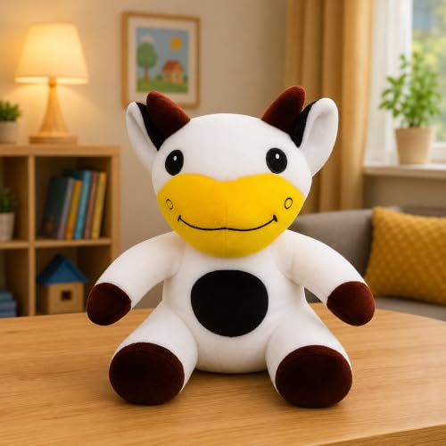 Image of 25 cm Sitting Cow Soft Toy, White and Black Spots, Plush