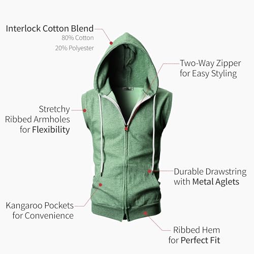 Image of Ohoo Mens Slim Fit Sleeveless Lightweight Zip Up Hooded Sweatshirt Vest Hoodie