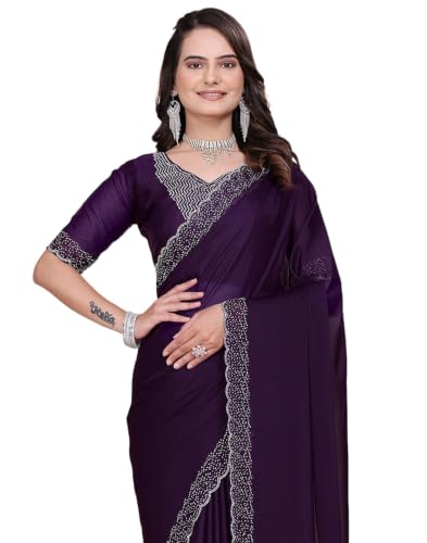 Image of SIRIL Women's Georgette Hot Fixing Stone Work Saree with Unstitched Blouse Piece