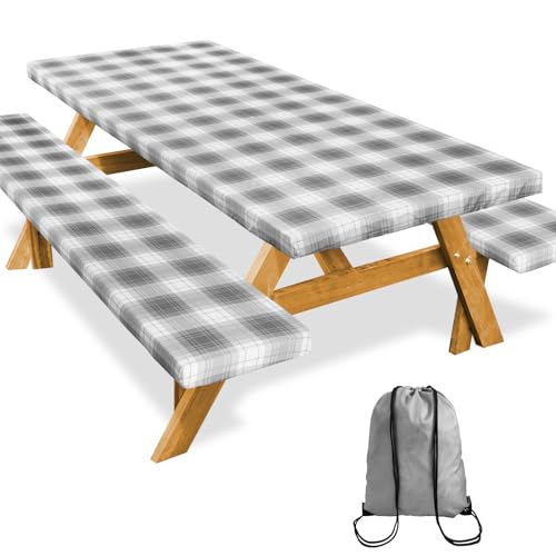 SiorVeol Picnic Table Cover with Bench Covers 72in Camping Essentials Reusable Waterproof Windproof Camping Tablecloth Fitted Rectangle Tables and Seats, Gray Plaid