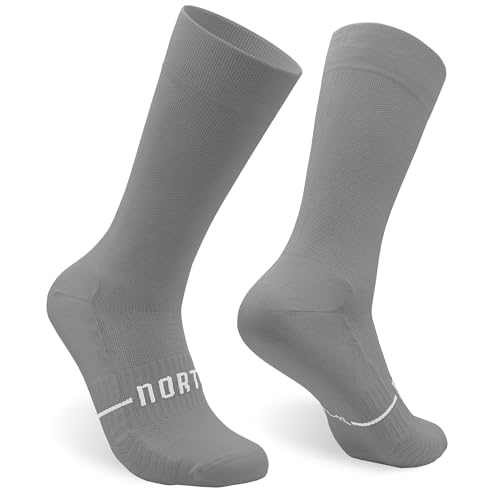 NORTEI Calcetines Ciclismo Altos Deportivos Hombre y Mujer - Calcetines Running Triatlón Gym Crossfit - Acolchados, Transpirables, Sin Costuras, Compresivos (L-XL, Gray)